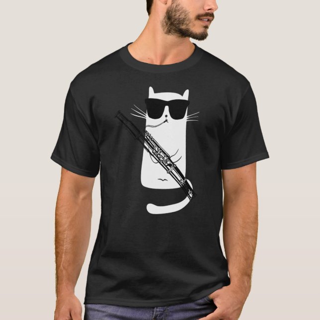 Funny Cat Wearing Sunglasses Playing Bassoon T-Shirt (Front)