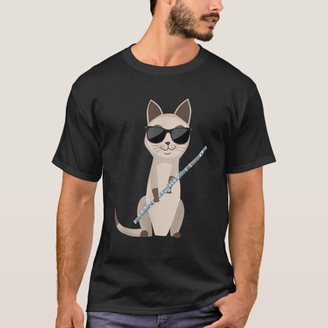 Funny Cat Wearing Sunglasses Playing Flute Flutist T-Shirt (Front)