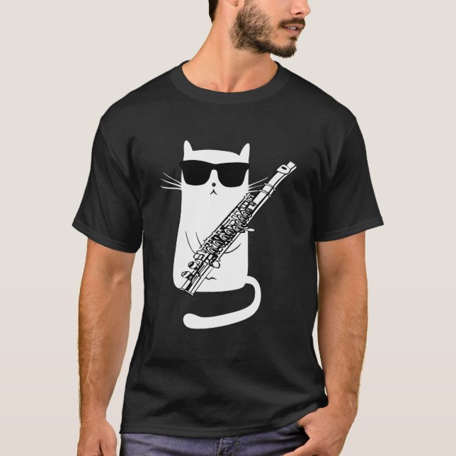 Funny Cat Wearing Sunglasses Playing Flute T-Shirt (Front)