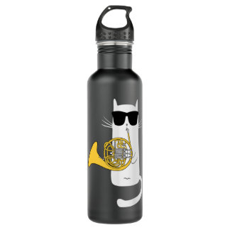 Funny Cat Wearing Sunglasses Playing French Horn P 710 Ml Water Bottle