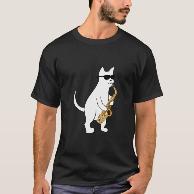Funny Cat Wearing Sunglasses Playing Saxophone T-S T-Shirt (Front)
