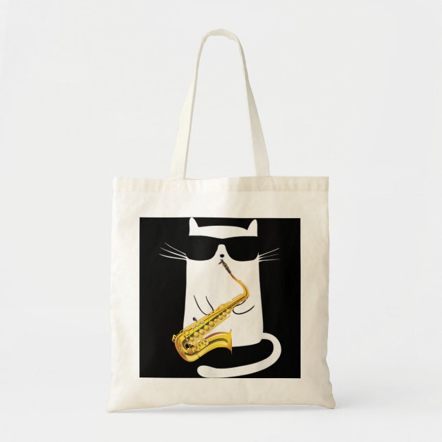 Funny Cat Wearing Sunglasses Playing Saxophone  Tote Bag (Front)