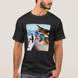 Funny Cat Wearing Sunglasses With Penguins in Anta T-Shirt