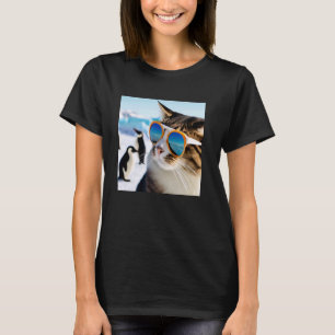 Funny Cat Wearing Sunglasses With Penguins in Anta T-Shirt