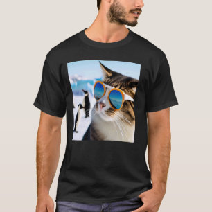 Funny Cat Wearing Sunglasses With Penguins in Anta T-Shirt