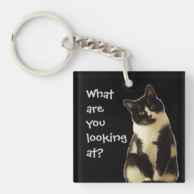 Funny Cat "What are you looking at!" Keychain (Front)