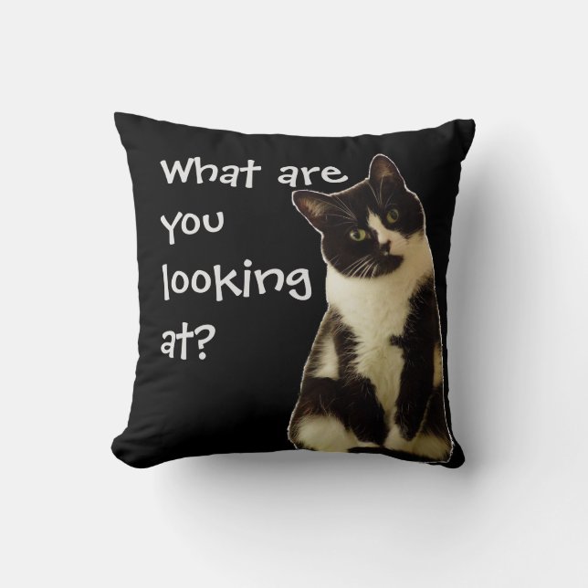 Funny Cat "What are you looking at!" Throw Pillow (Front)