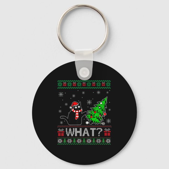 Funny Cat What Black Cat Christmas Tree Ugly Xmas  Keychain (Front)