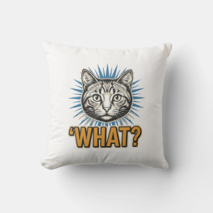 Funny Cat 'WHAT_' Vintage Engraving Graphic Tee_1 Throw Pillow