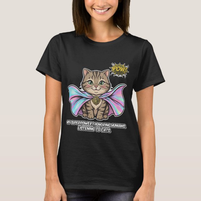 Funny Cat Whisperer Superpower Tabby Cape Comic T-Shirt (Front)