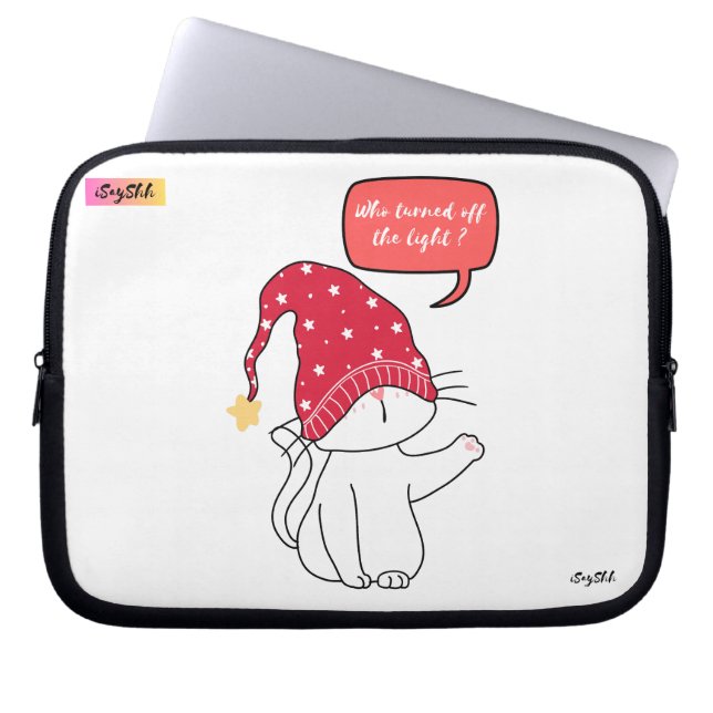 funny cat, who turned off the light? laptop sleeve (Front)