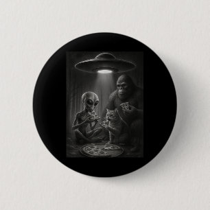 Funny Cat With Alien And Bigfoot Eating Pizza Ufo 2 Inch Round Button
