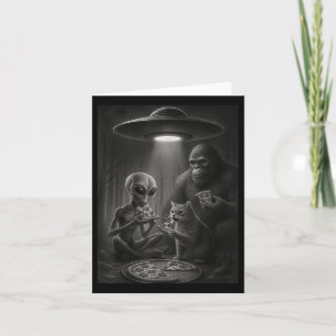 Funny Cat With Alien And Bigfoot Eating Pizza Ufo Card