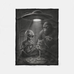 Funny Cat With Alien And Bigfoot Eating Pizza Ufo Fleece Blanket