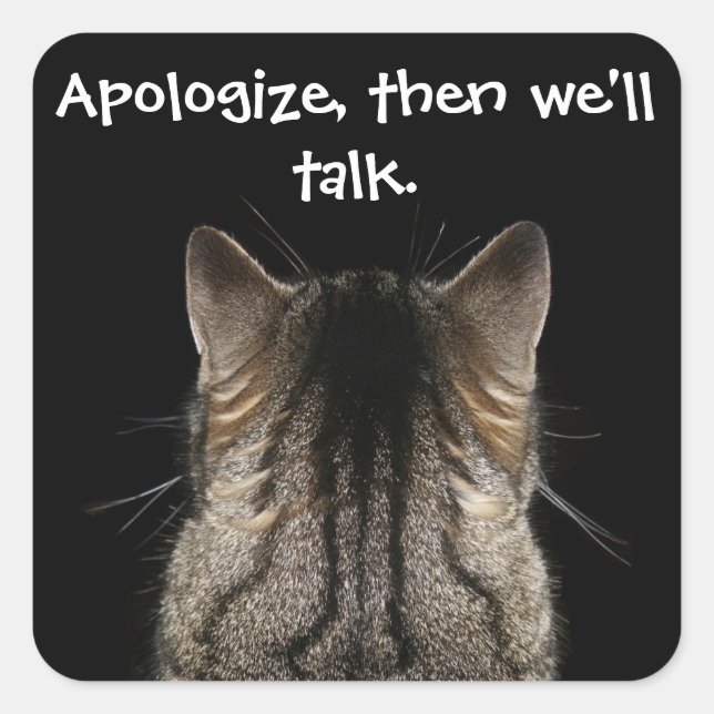 Funny Cat with Back Turned Wants Apology Square Sticker (Front)