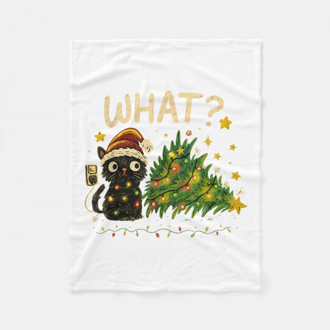 Funny Cat With Christmas Lights And Fallen Tree Ar Fleece Blanket (Front)