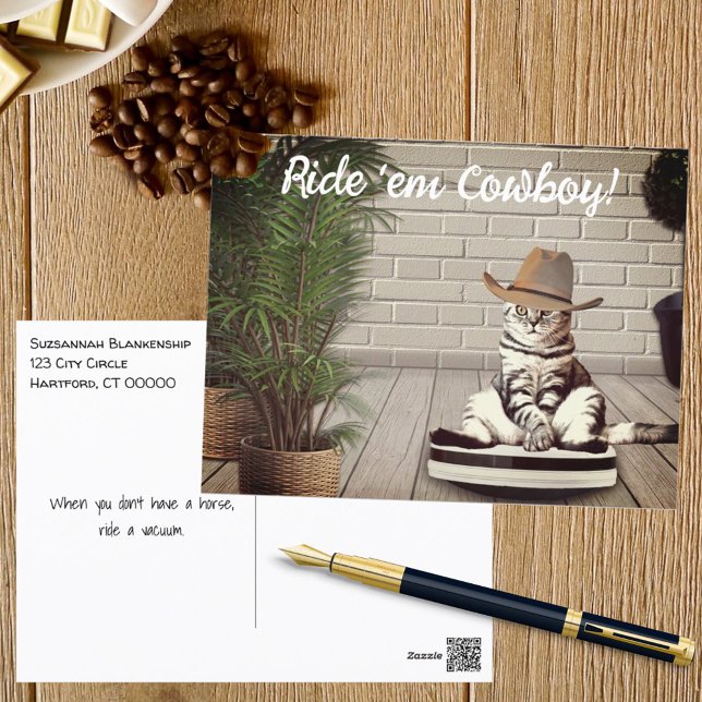 Funny Cat with Cowboy Hat Riding Vacuum Cleaner Postcard (Creator Uploaded)