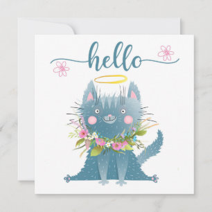 Funny Cat with Flowers Hello Card