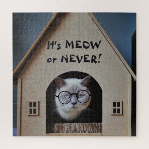 Funny Cat With Glasses It's Meow or Never Quote Jigsaw Puzzle