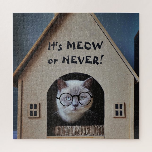Funny Cat With Glasses It's Meow or Never Quote Jigsaw Puzzle (Vertical)