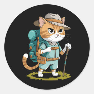 Funny Cat With Hiking Backpack Hiking Cat Adventur Classic Round Sticker