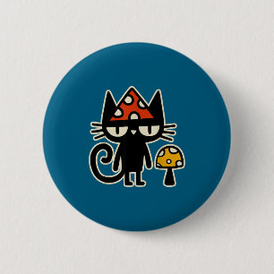 Funny Cat With Mushroom Hat Black Cat With Toadsto 2 Inch Round Button