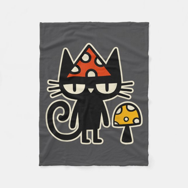 Funny Cat With Mushroom Hat Black Cat With Toadsto Fleece Blanket (Front)