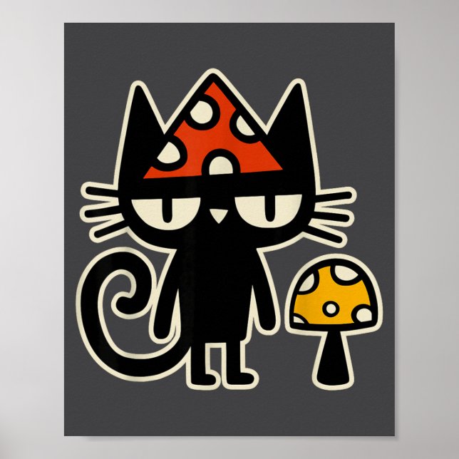 Funny Cat With Mushroom Hat Black Cat With Toadsto Poster (Front)