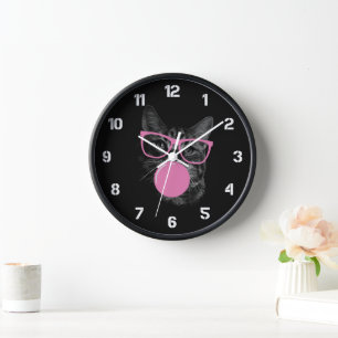 Funny Cat with Pink Glasses Bubble Gum Wall Clock