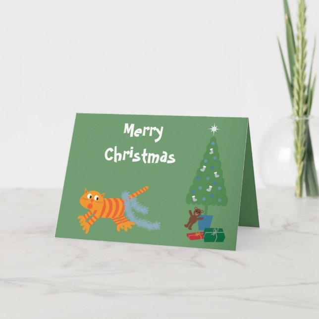 Funny Cat With Tinsel On Tail Green Christmas Card (Front)