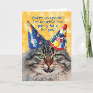 Funny Cat With Two Party Hats Birthday Greeting Card