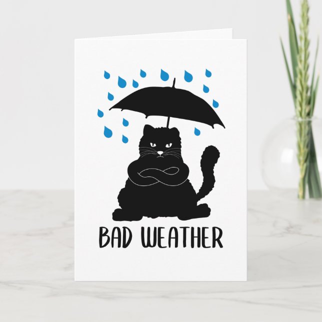 Funny Cat With Umbrella Bad Weather Card (Front)
