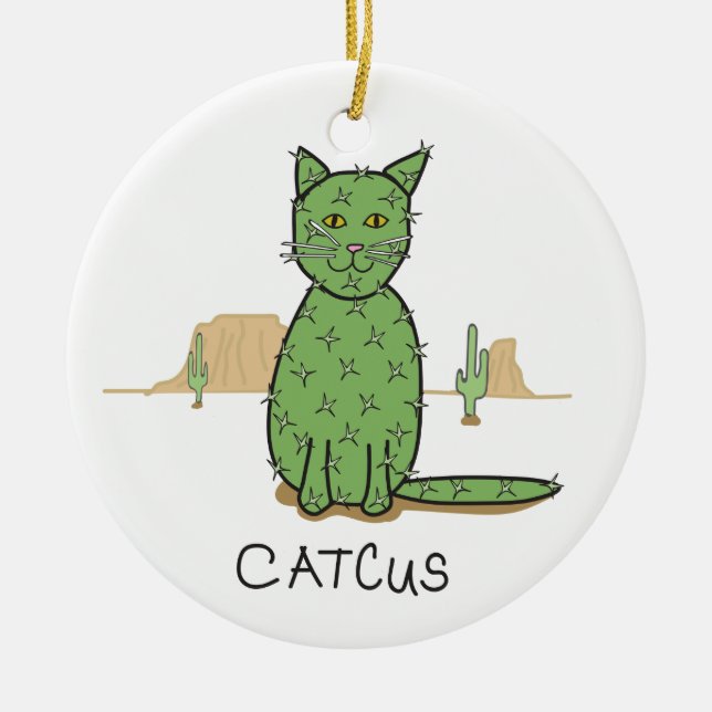 Funny "Catcus" Cactus Drawing Ceramic Ornament (Front)