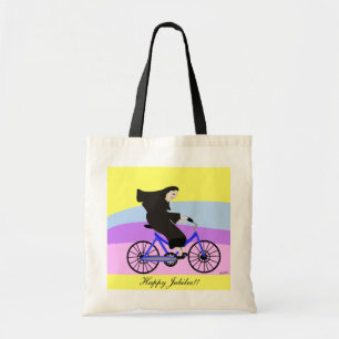Funny Catholic Nun Jubilee Gifts "Nun on a Bike" Tote Bag
