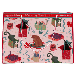 Funny Cats and Christmas Boxes Red Teal Custom Large Gift Bag