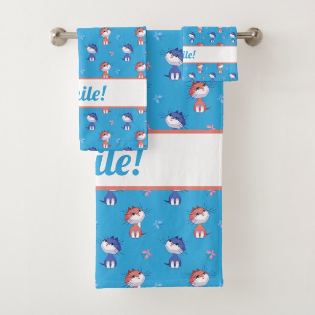 Funny Cats and Cute Butterflies Pattern Bath Towel Set (Insitu)