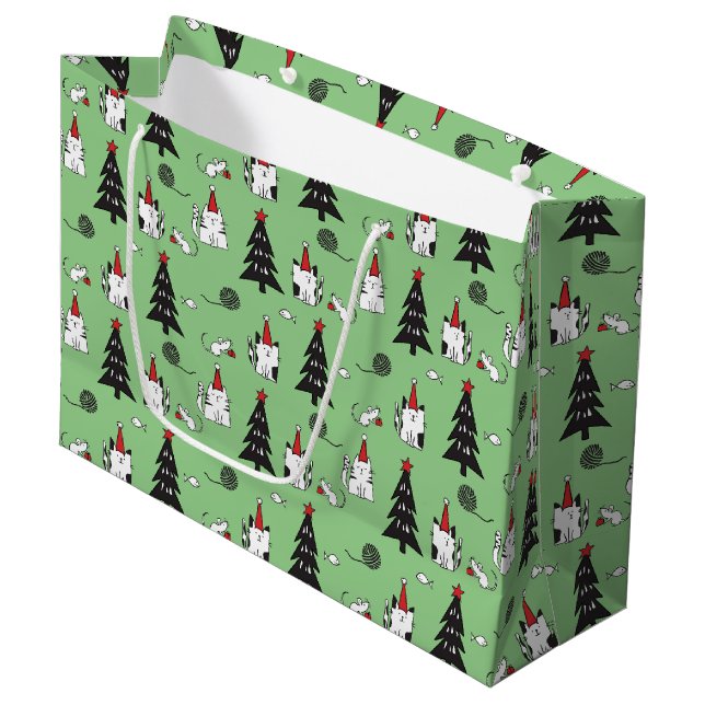 Funny Cats Christmas pattern green Large Gift Bag (Front Angled)