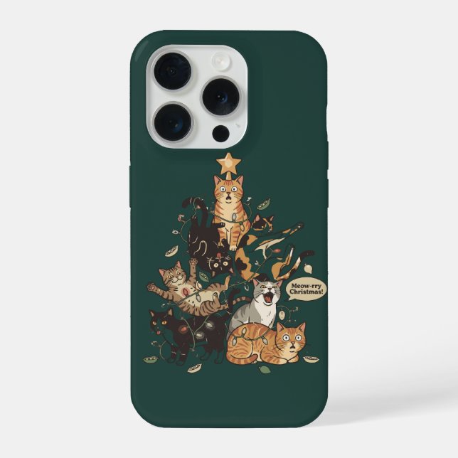 Funny Cats Christmas Tree Tangled Lights Holiday iPhone Case (Back)