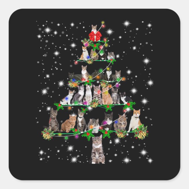 Funny Cats Christmas Tree Tee Ornament Decor Gift Square Sticker (Front)