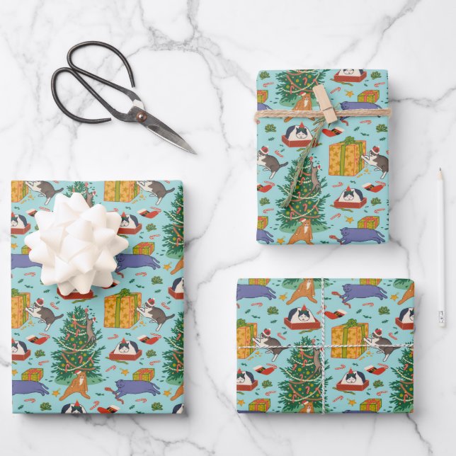 Funny Cats Christmas Wrapping Paper - Blue (Front)