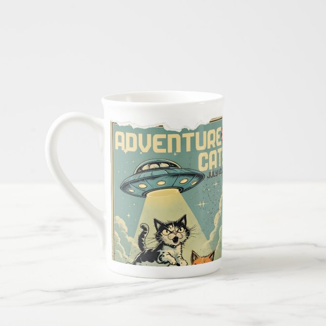 Funny cats comic book alien abduction sci-fi bone china mug (Left)
