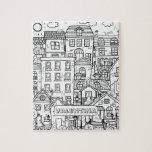 Funny Cats Detailed Town Black White Colouring Nam Jigsaw Puzzle<br><div class="desc">Black and white design for relaxing colouring,  whimsical detailed cozy town with houses and cute cats,  find and colour all of the cats hiding in this town. This puzzle would work great as a gift for a cat lover.</div>