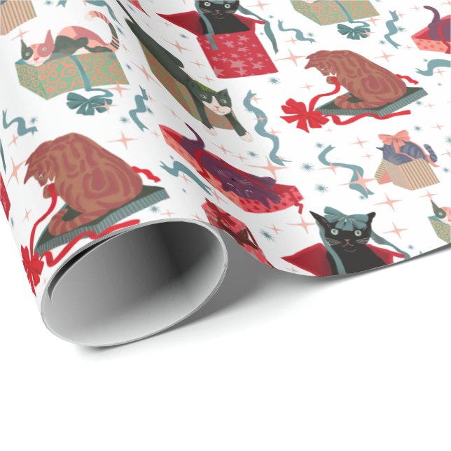 Funny Cats In Christmas Boxes White Red Green Wrapping Paper (Roll Corner)
