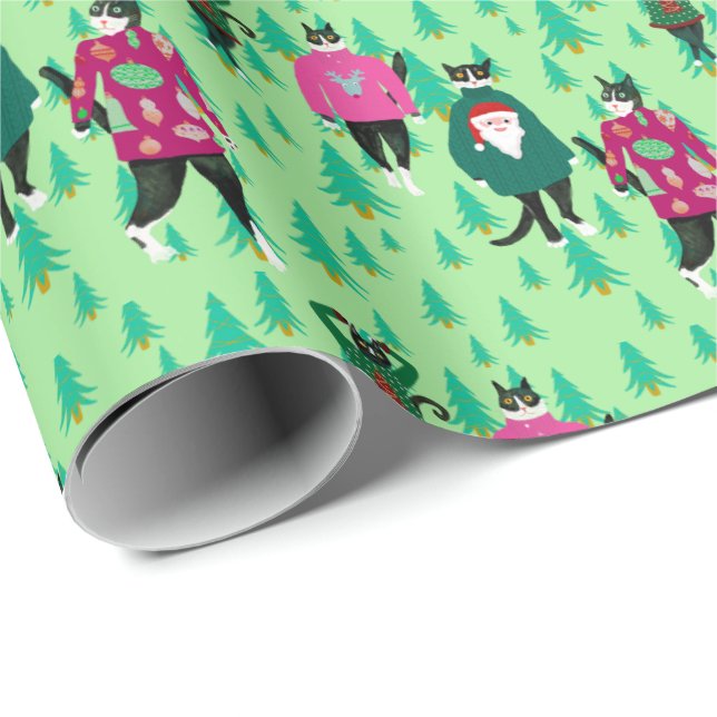 Funny Cats in Ugly Christmas Jumpers Green  Wrapping Paper (Roll Corner)