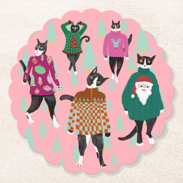 Funny Cats in Ugly Christmas Sweaters Paper Coaster (Front)
