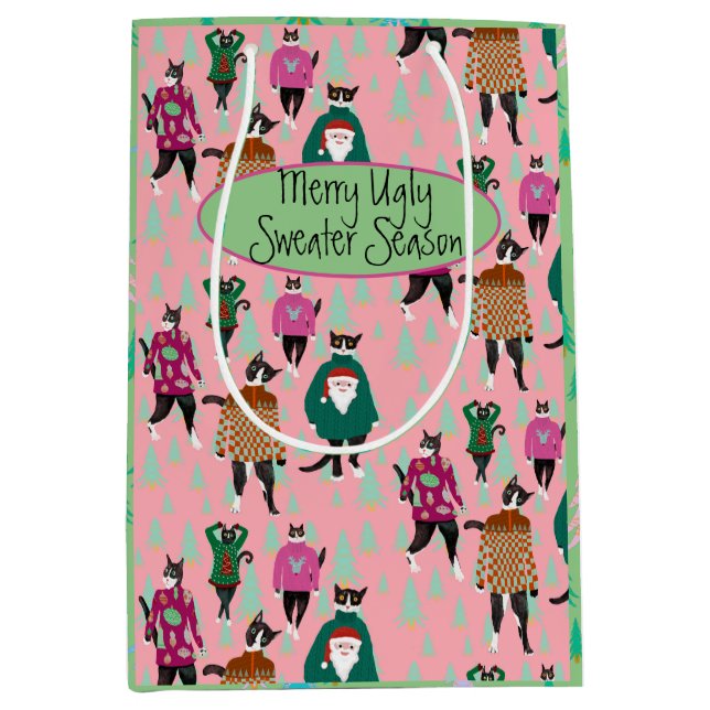 Funny Cats in Ugly Christmas Sweaters pink Medium Gift Bag (Front)