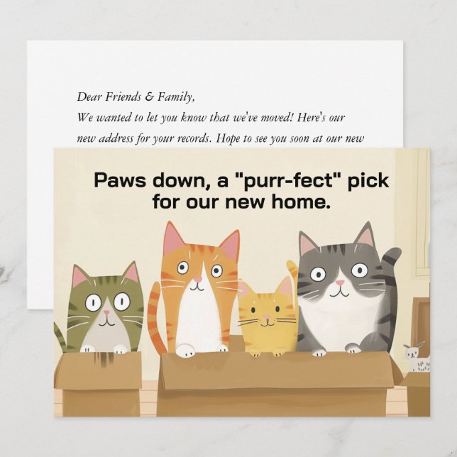 Funny Cats New Home Moving Faire-part (Devant / Derrière)