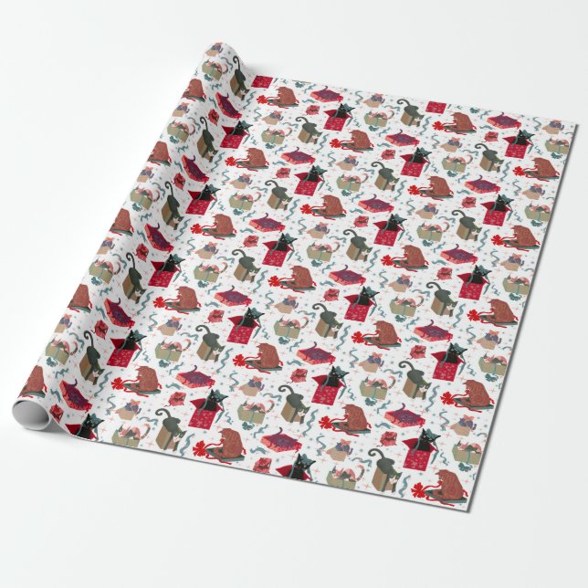 Funny Cats Play in Christmas Boxes Wrapping Paper (Unrolled)