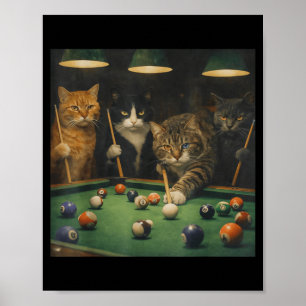 Funny Cats Playing Pool Vintage Billiards Meme Poster