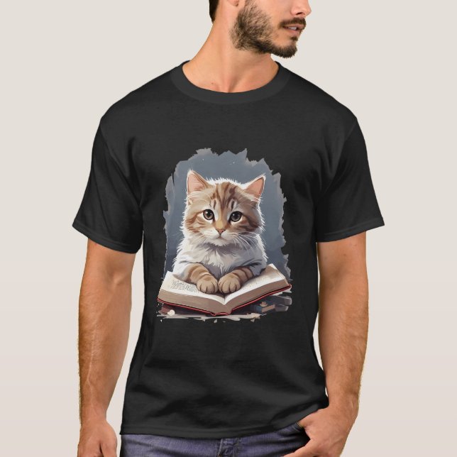 Funny Cats Reading A Book Graphic Cat Kitten Lover T-Shirt (Front)